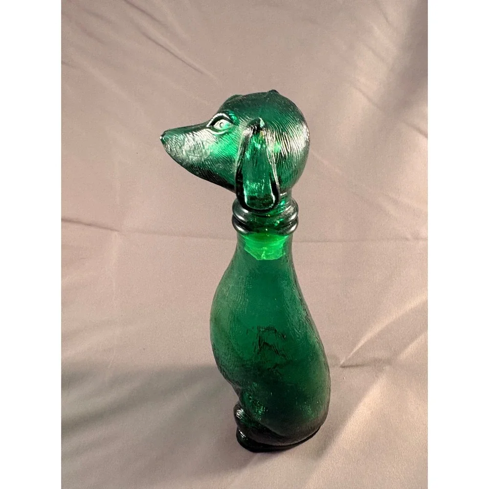Vintage Emerald Green Glass Dachshund Dog Decanter Figural Bottle Textured 9.5in